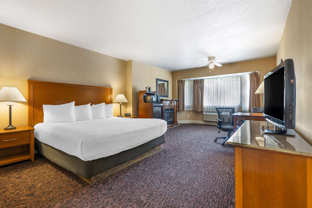 A hotel room with a large bed, a desk with a television, a desk lamp, a chair, a ceiling fan, and a window with curtains.