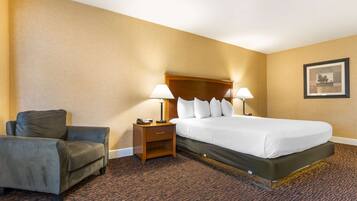 A hotel room with a bed, a nightstand, a lamp, a chair, and a carpeted floor.