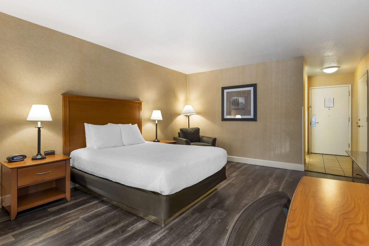 A hotel room with a large bed, two bedside tables with lamps, a chair, a desk, and a framed picture on the wall.