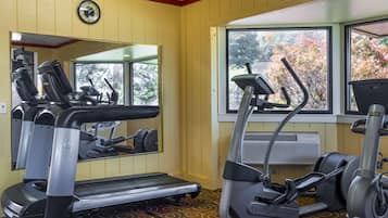 A gym with cardio equipment, a mirror, and windows with a view of trees.