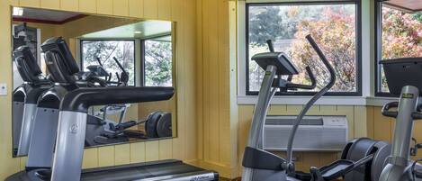 Un gimnasio con equipo de cardio, un espejo y ventanas con vistas a árboles.
