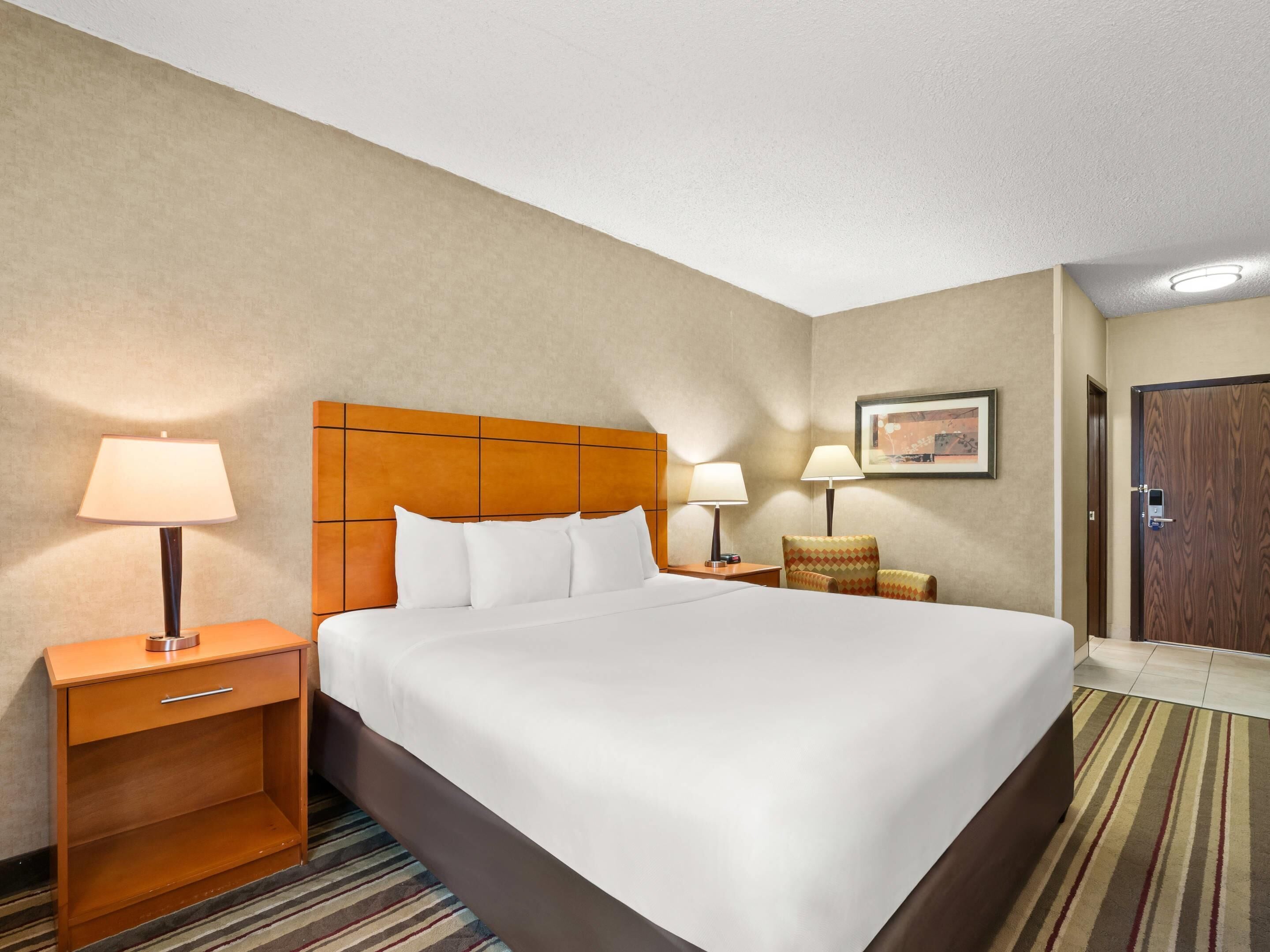 A hotel room with a large bed, two bedside tables with lamps, a wooden headboard, a framed picture on the wall, and a door with a wooden panel.