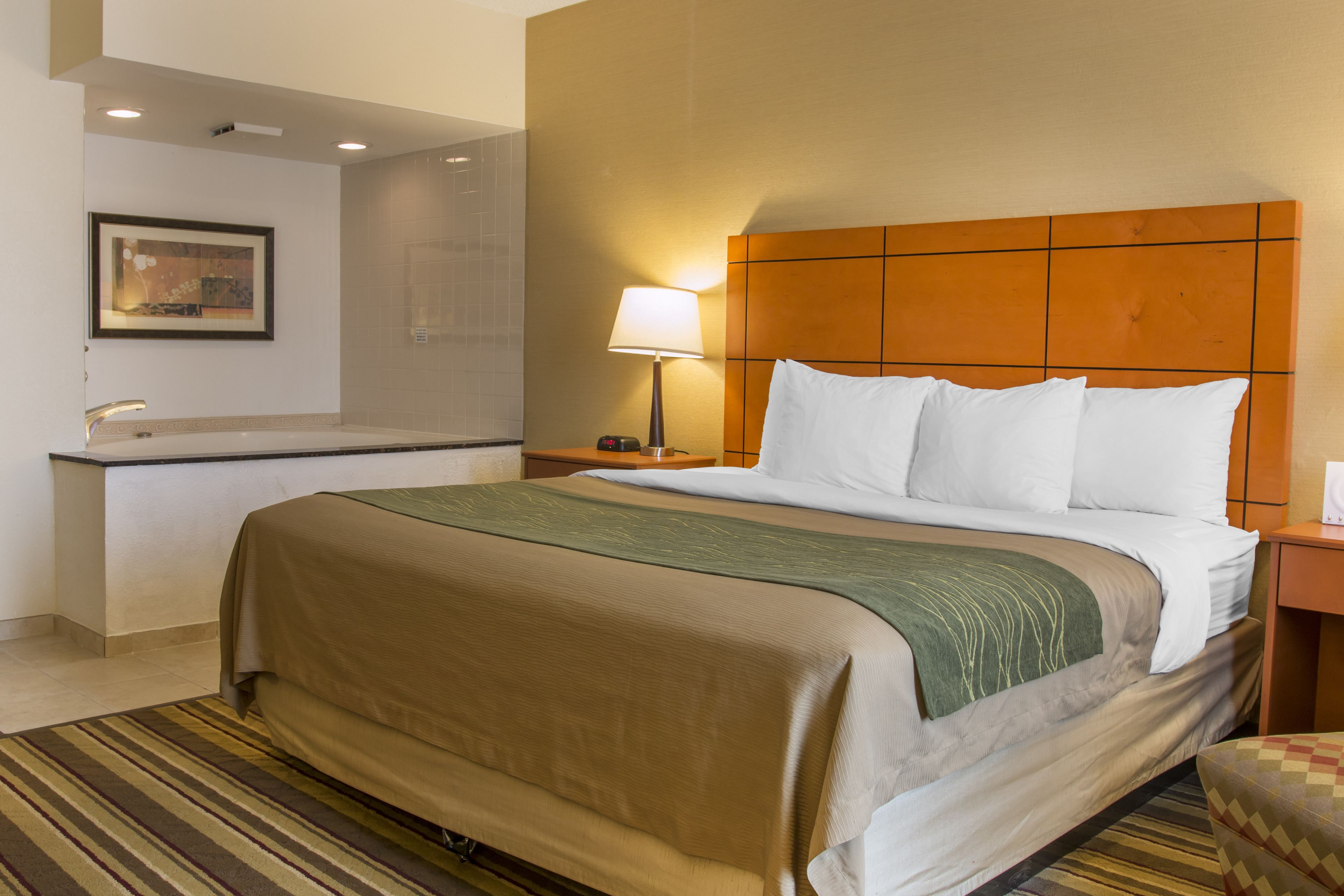 Habitación de hotel con una cama grande, una mesita de noche con lámpara, un escritorio pequeño con silla y un cuadro en la pared.
