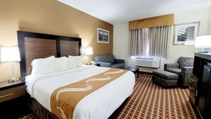 A hotel room with a large bed, a desk with a lamp, a chair, an air conditioning unit, and a television. - Quality Inn & Suites Marion (Marion)