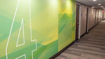 A hallway with a geometric wall design, doors, and carpeted flooring.