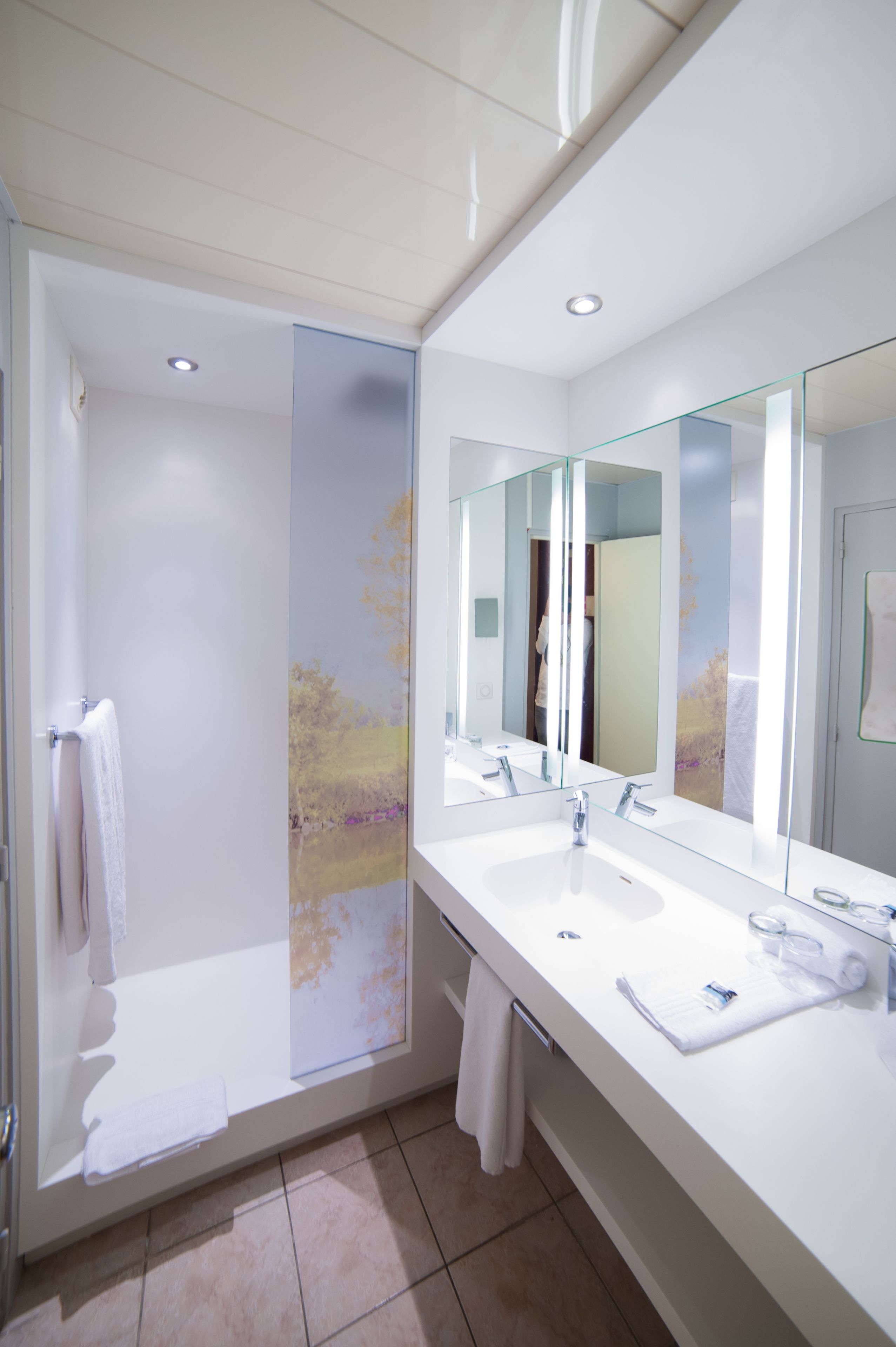 A modern bathroom with a glass shower enclosure, a large mirror, and a dual sink vanity.