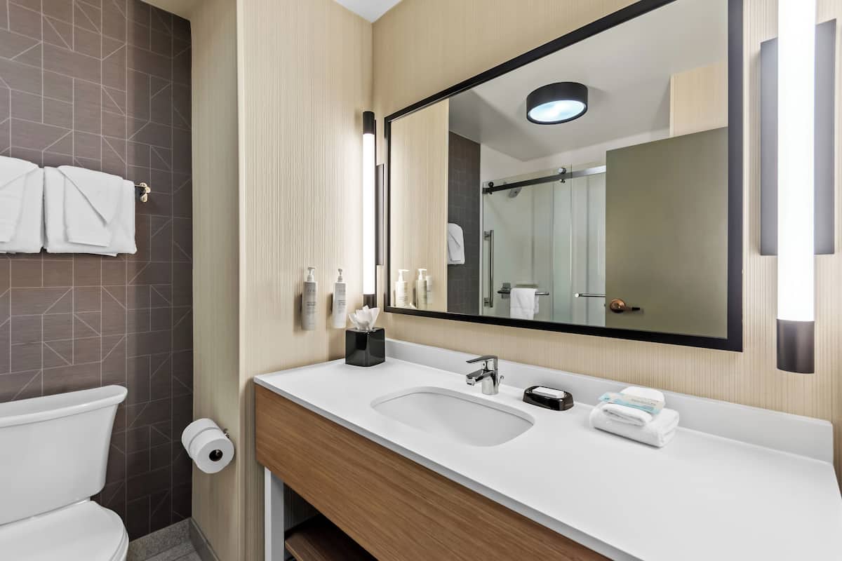 Secador de cabelo, toalhas de banho, sabonete, shampoo