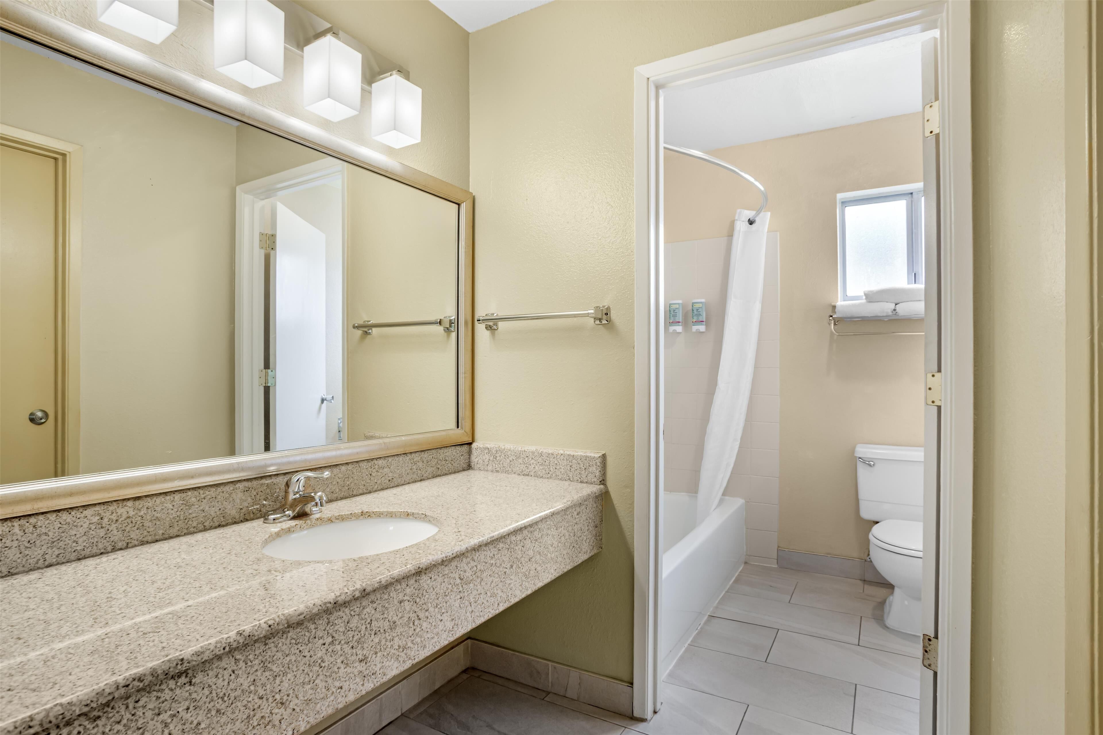 A bathroom with a granite countertop sink, a large mirror, a shower curtain, and a toilet.