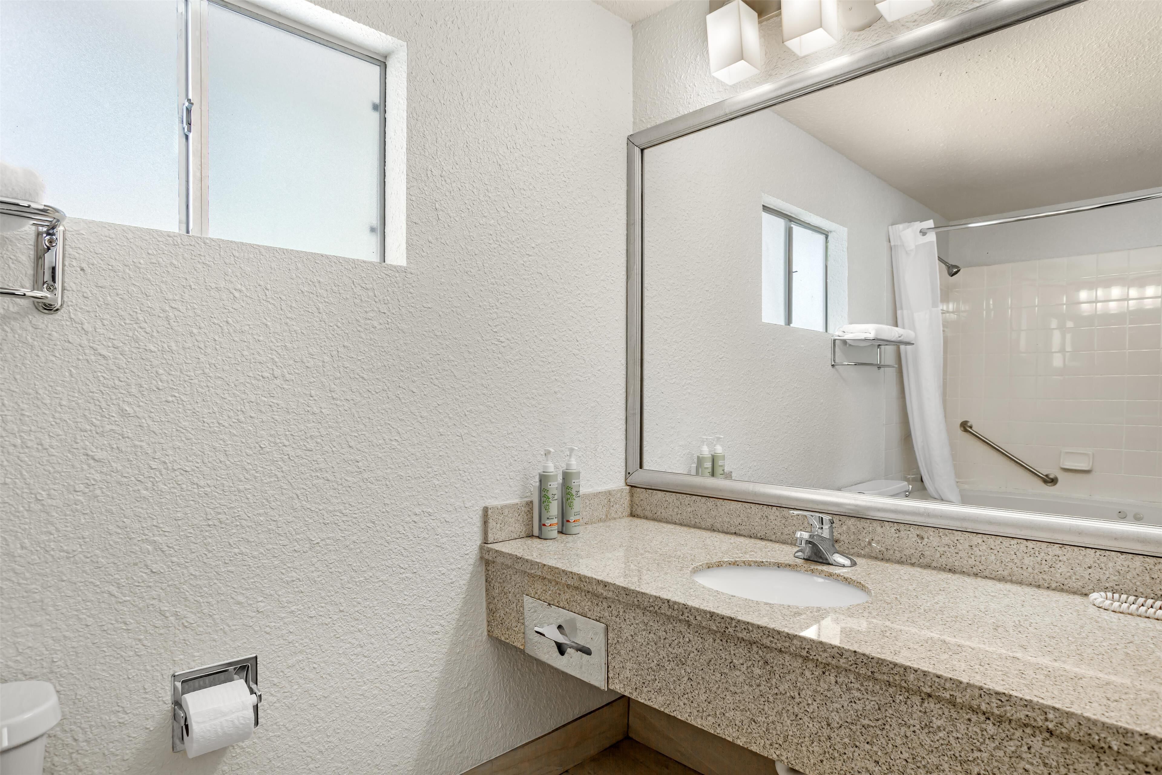 Un baño con encimera de granito, un lavabo, un espejo, un perchero para toallas y un dispensador de papel higiénico.