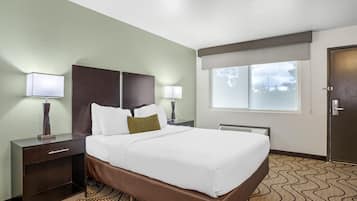 Een hotelkamer met een groot bed, twee nachtkastjes met lampen, een raam met zonwering en een deur.