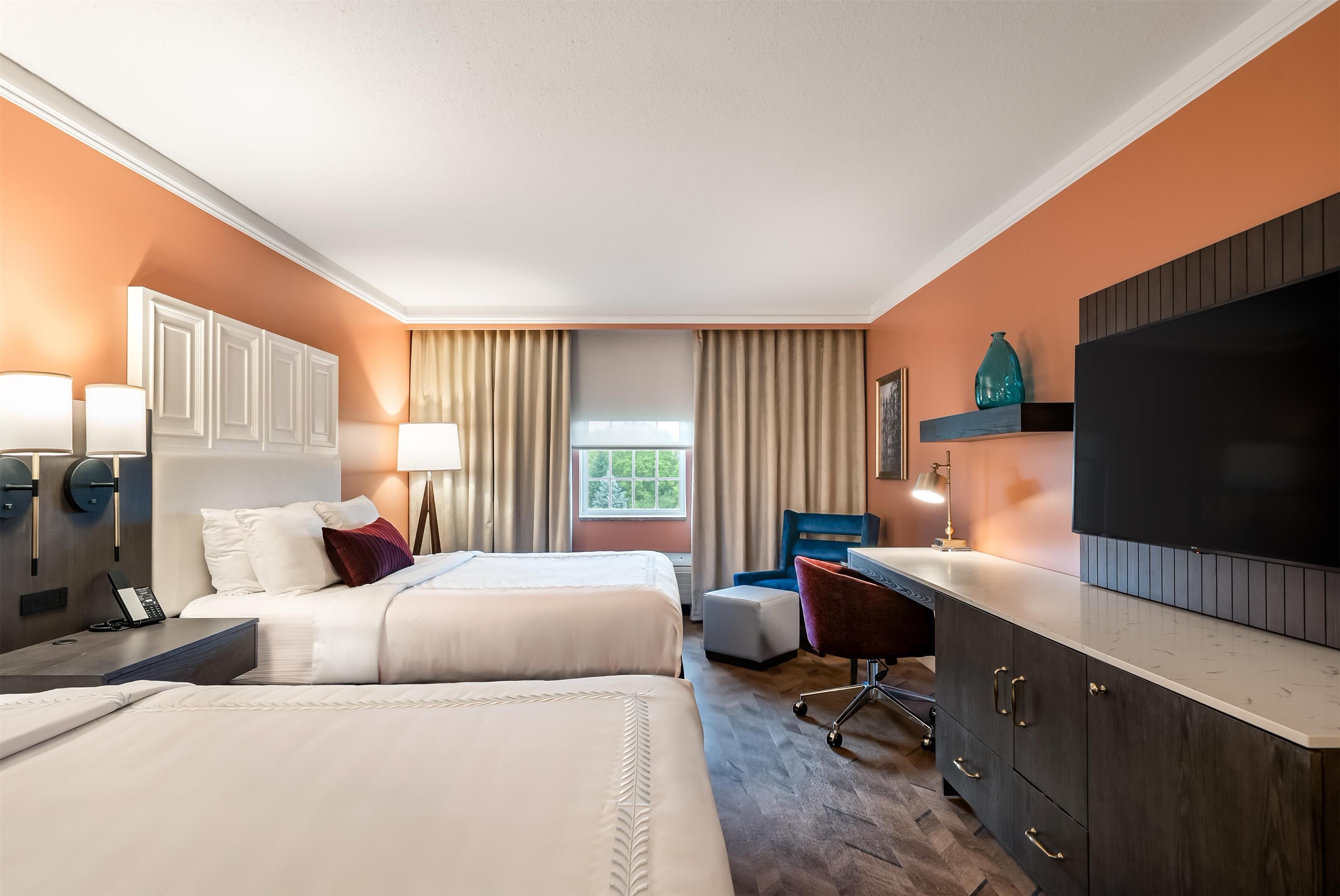 standard room, 2 queen beds, non smoking | pillow-top beds, in-room safe, desk, laptop workspace