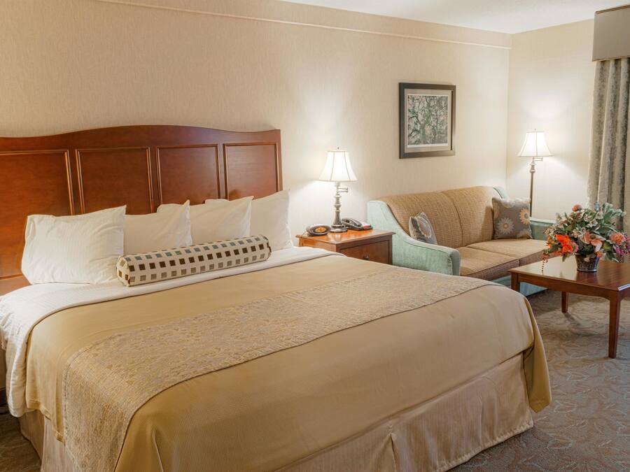 A hotel room with a large bed, a sofa, a nightstand, a lamp, and a small table with flowers.