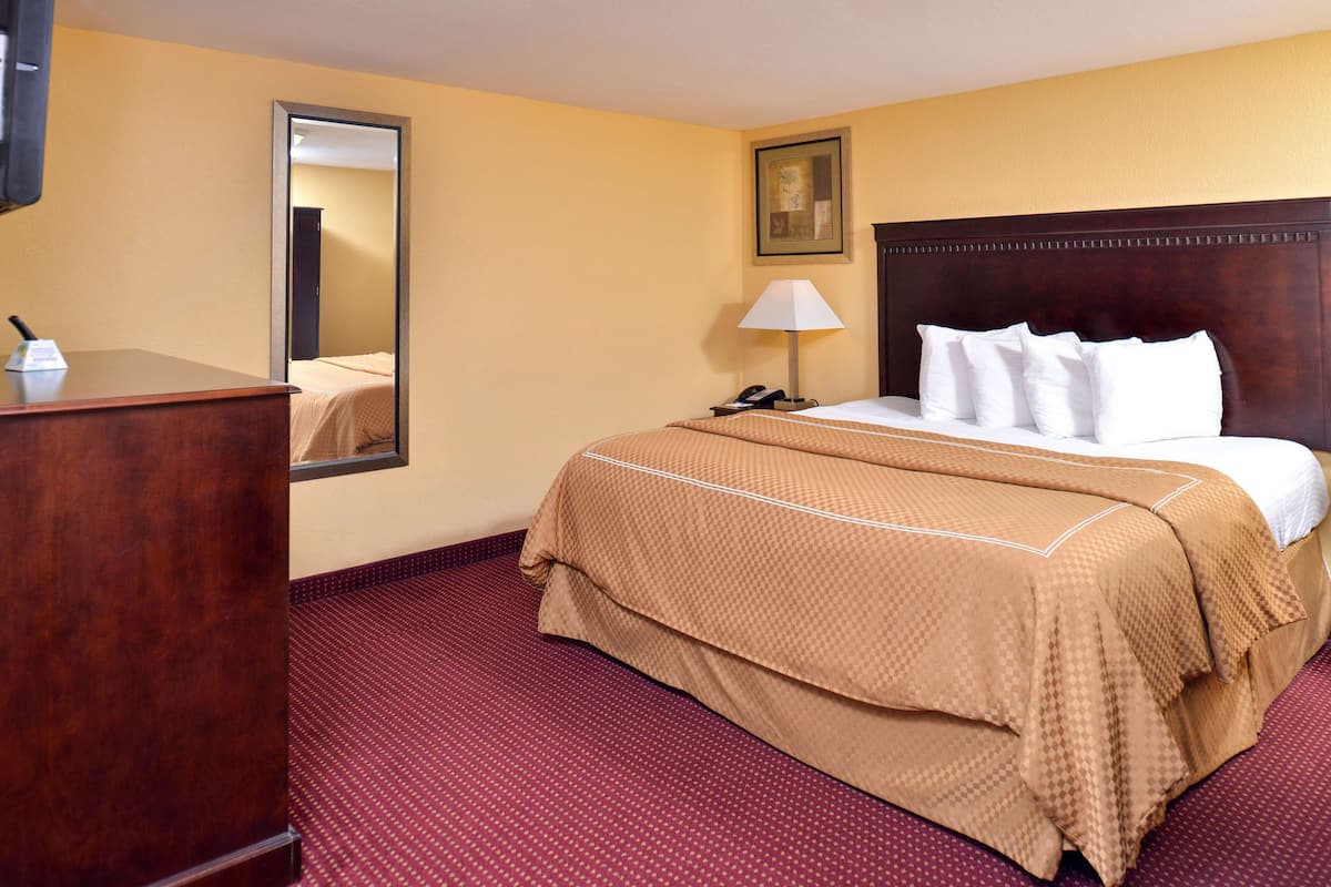 A hotel room with a large bed, a wooden dresser, a mirror, a bedside lamp, and a framed picture on the wall.