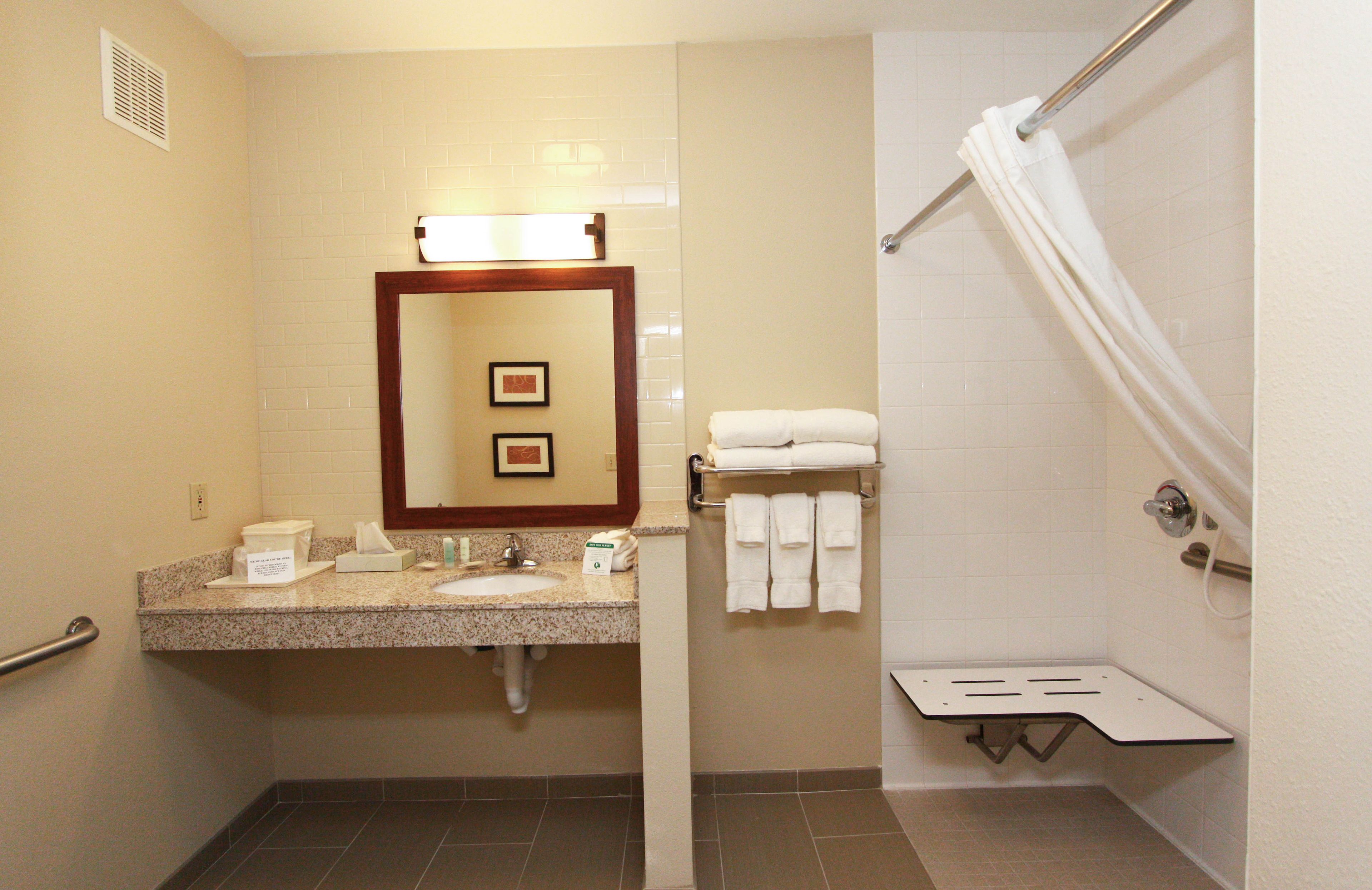 combined shower/bathtub, free toiletries, hair dryer, towels