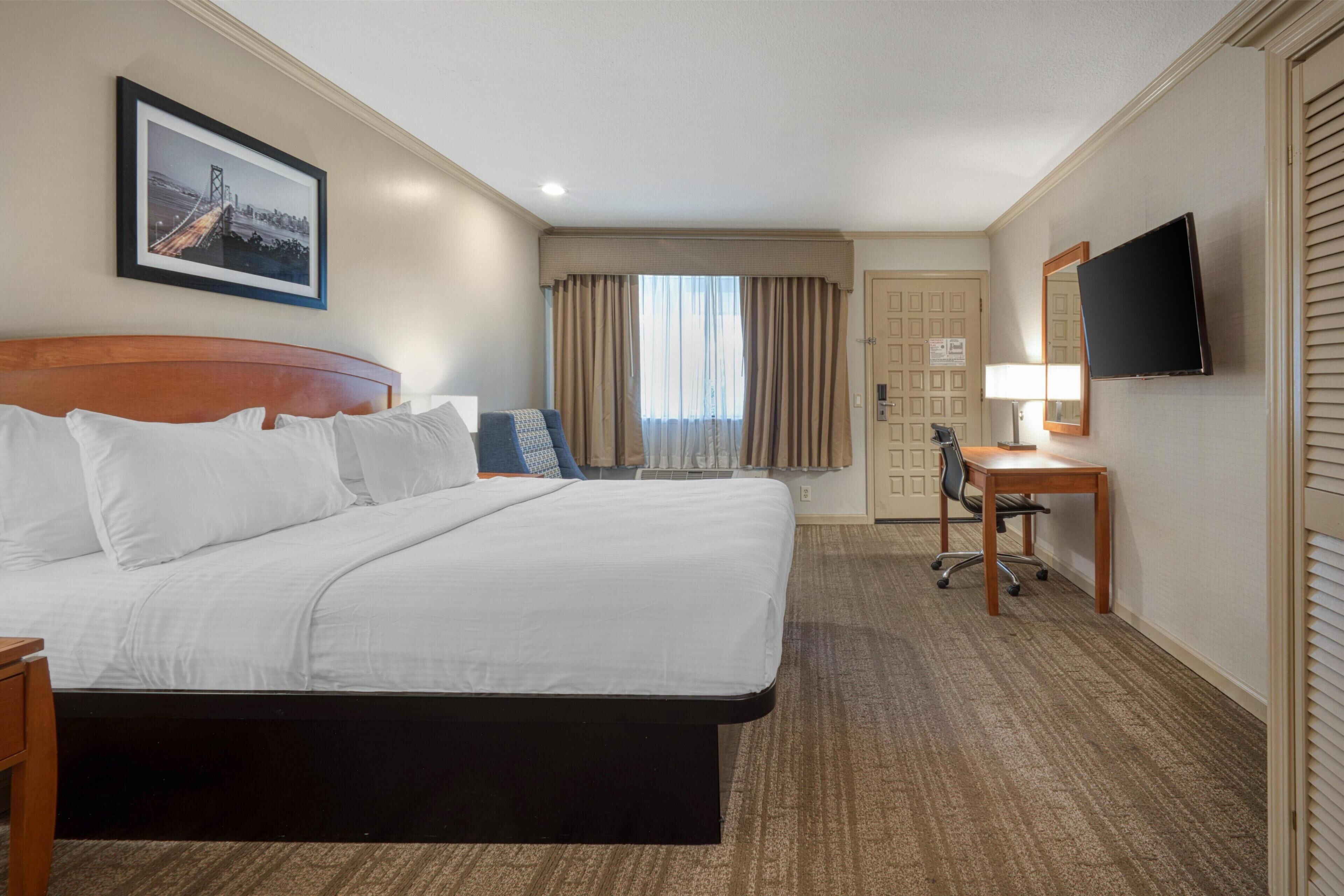 Habitación de hotel con una cama grande, un escritorio con silla, un televisor montado en la pared, una ventana con cortinas y un cuadro enmarcado.