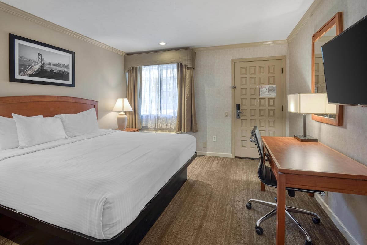 A hotel room with a large bed, a desk, a chair, a TV, a window with curtains, a door, and a framed picture on the wall.