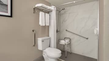 Room, 2 Double Beds, Accessible, Non Smoking (Roll-in Shower, Mobility) | Bathroom | Combined shower/tub, free toiletries, hair dryer, towels