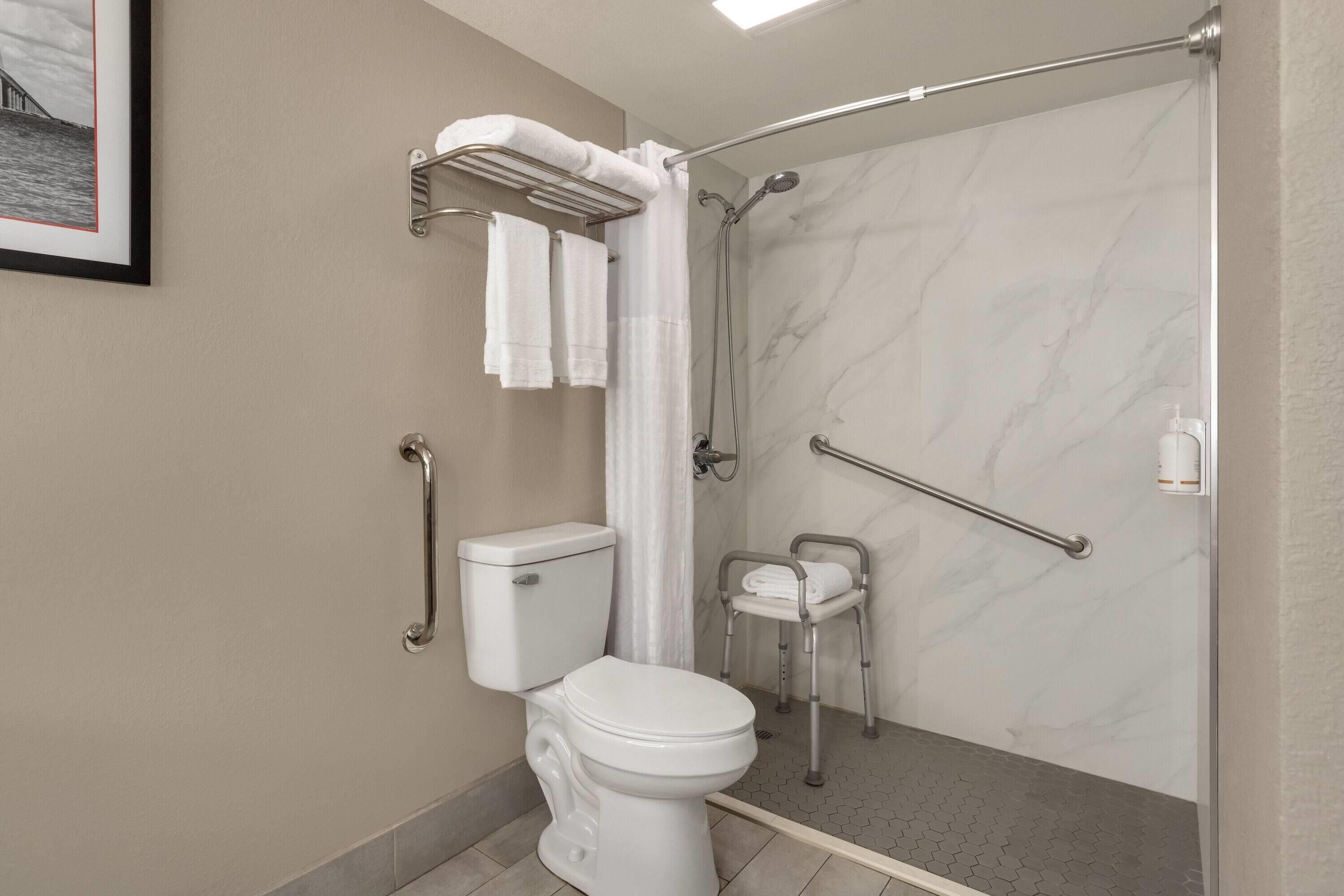 A modern bathroom with a toilet, a shower with a glass door, and a grab bar.