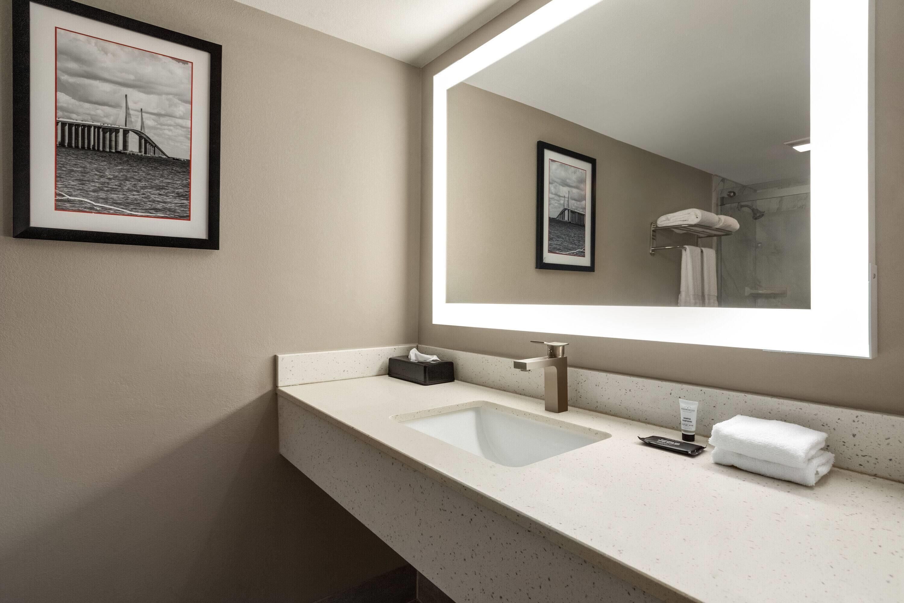 A modern bathroom with a large mirror, a sink, and a framed picture on the wall.