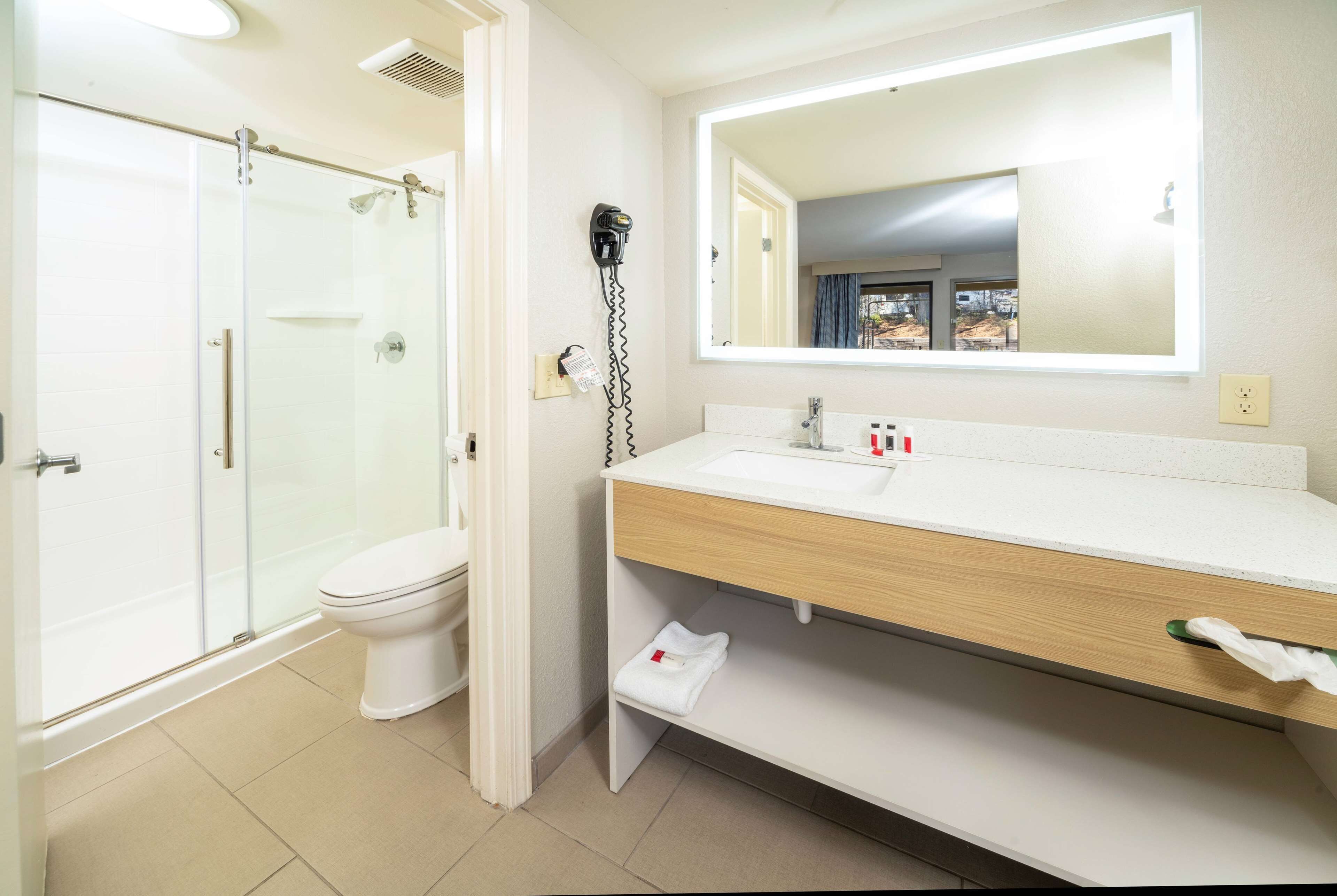 A bathroom with a glass-enclosed shower, a white toilet, a sink with a mirror, and a towel rack.