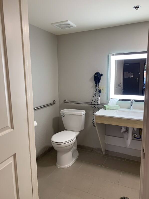 A bathroom with a toilet, a sink, and a mirror.