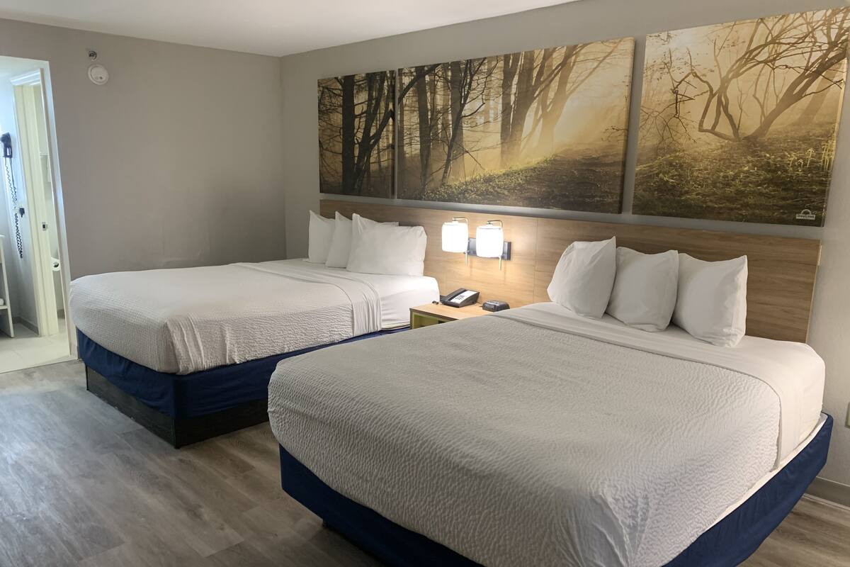Escritorio, cortinas blackout y tabla de planchar con plancha