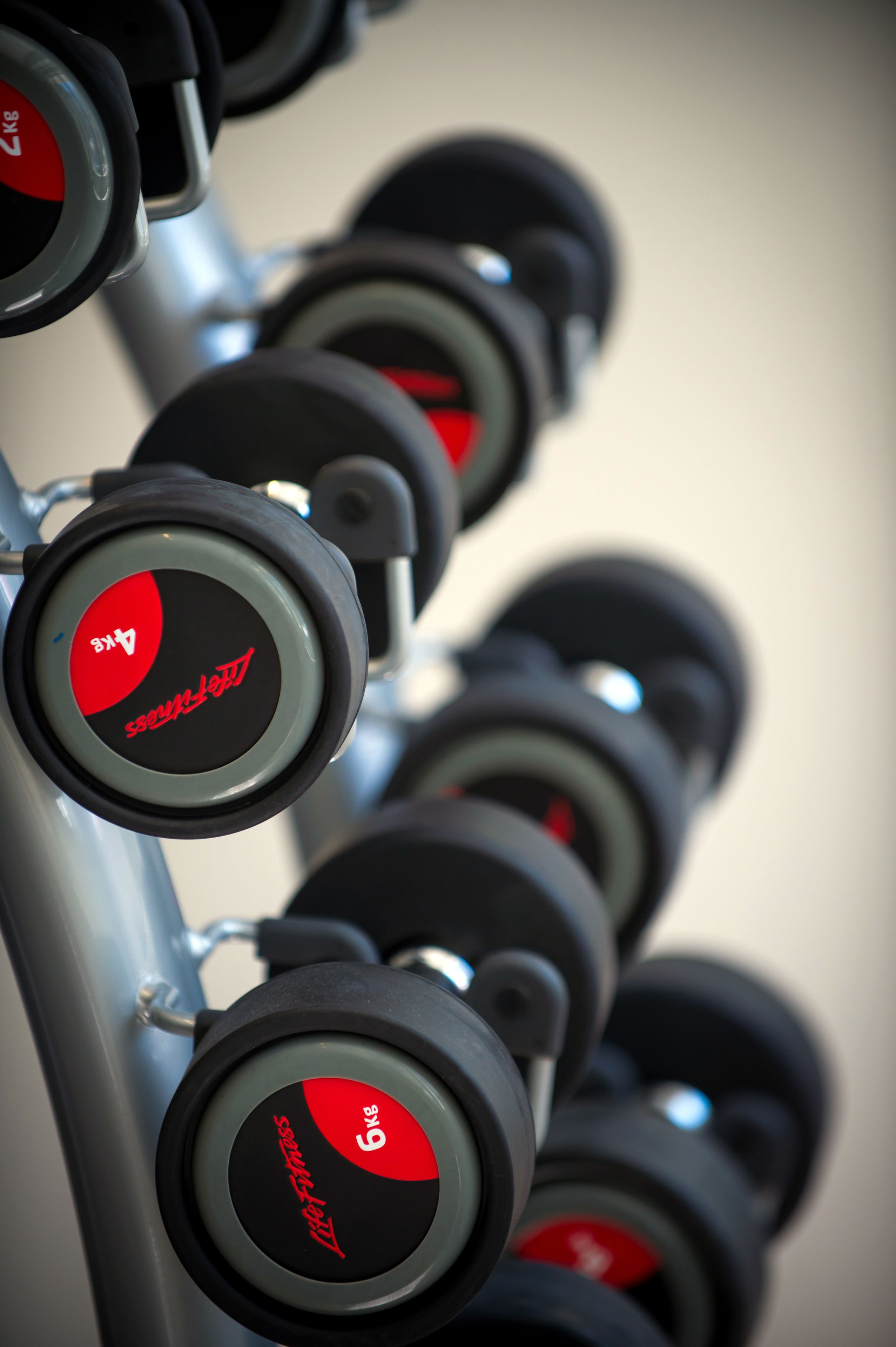A row of dumbbells with weight markings and brand labels.
