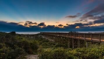 A wooden boardwalk extending over a beach with dense vegetation in the foreground.