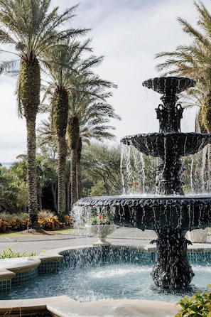 A fountain with water cascading down, surrounded by palm trees and a tiled pool. - The Ritz-Carlton, Amelia Island (Fernandina Beach)