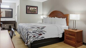Ein Hotelzimmer mit einem Bett, Nachttischlampen, einem Nachttisch, einem Schreibtisch mit Stuhl, einem Spiegel und einem gerahmten Bild an der Wand.