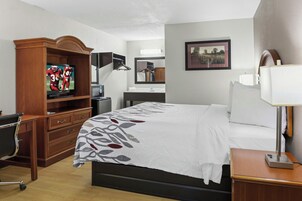 Habitación de hotel con cama, escritorio, televisor, cómoda, espejo y mesita de noche.
