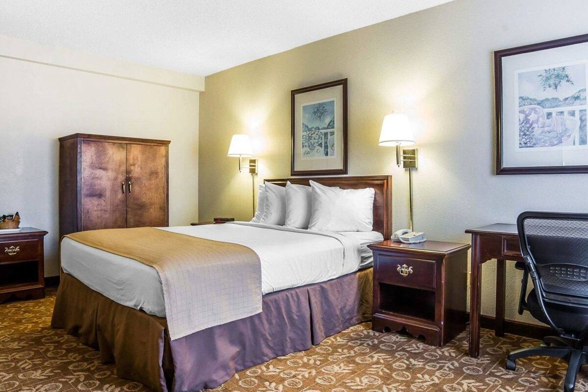 Habitación de hotel con cama, dos lámparas de noche, un escritorio con silla, un armario y un cuadro en la pared.