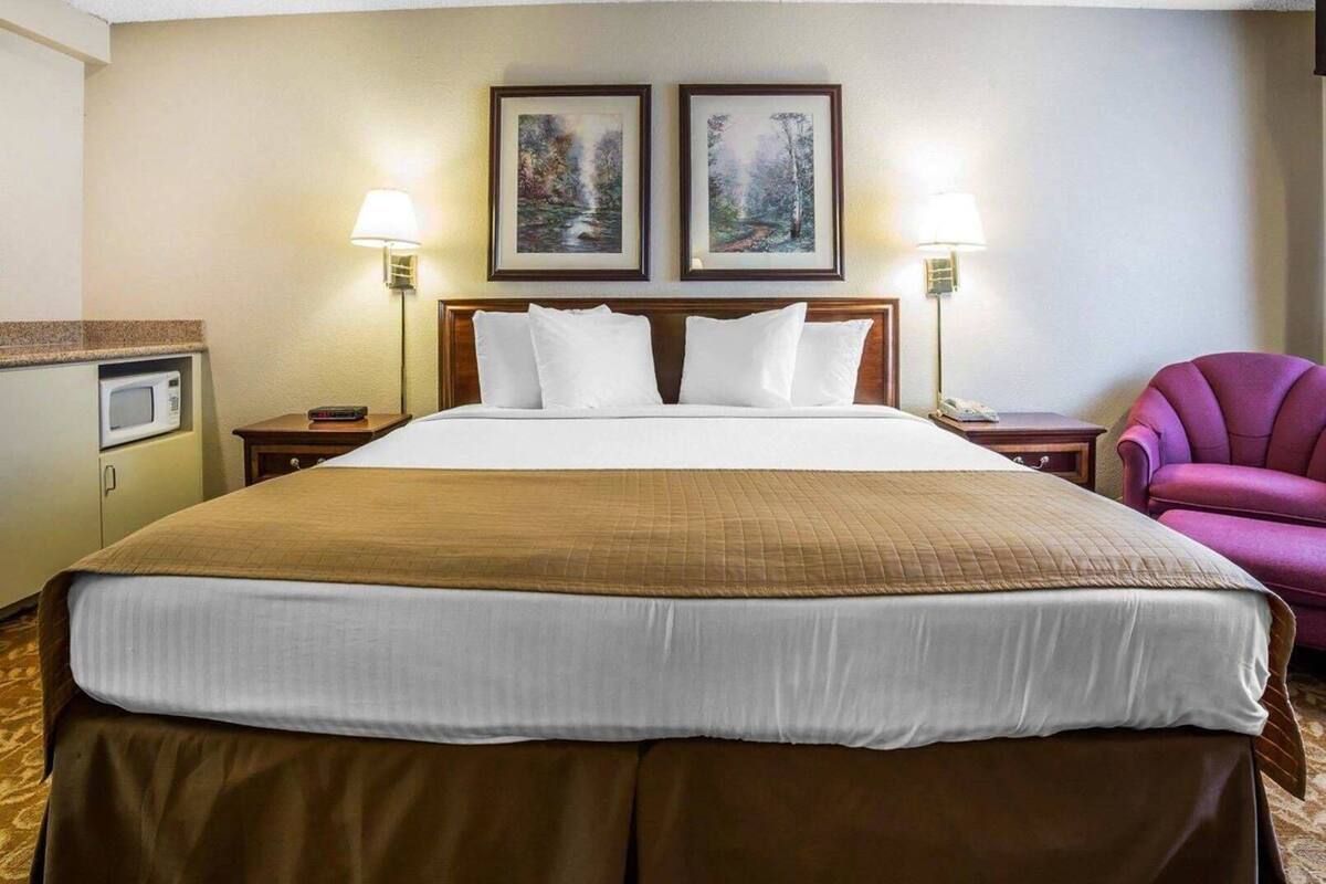 Habitación de hotel con una cama grande, dos lámparas de pared, un microondas, una silla y dos cuadros en la pared.