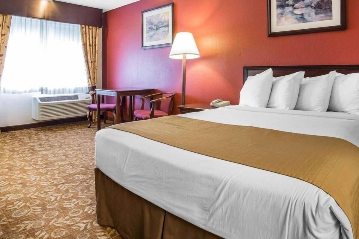 Habitación de hotel con una cama grande, un escritorio, una silla, una lámpara y un cuadro en la pared.