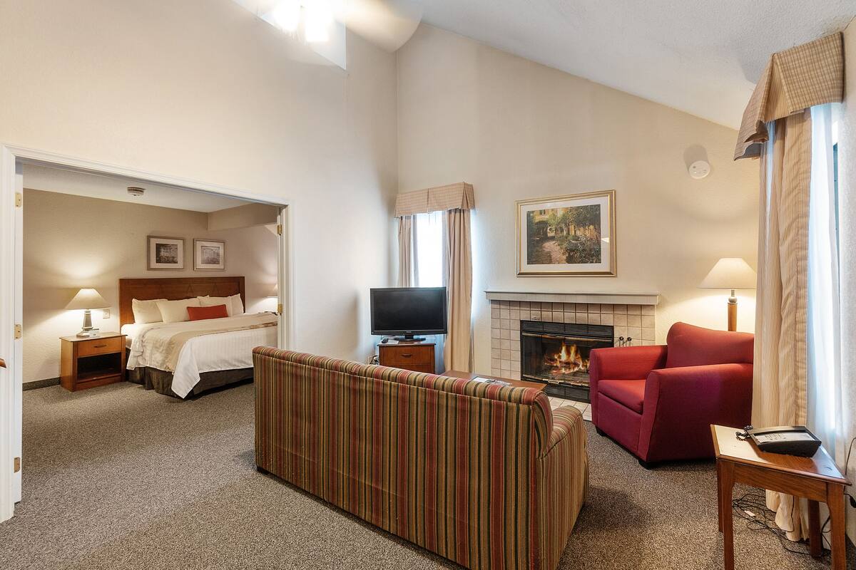 A hotel room with a bed, a sofa, a red armchair, a television, and a fireplace.