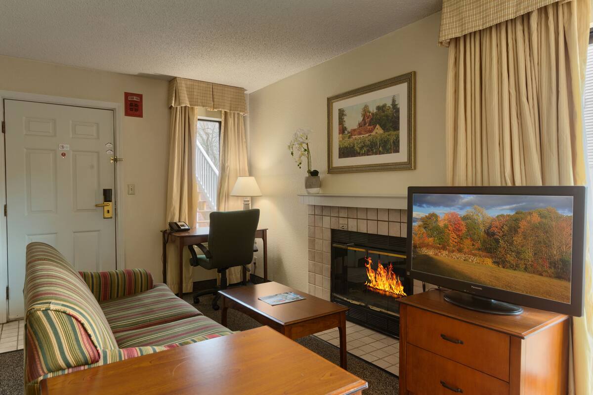 A cozy living room with a sofa, a coffee table, a television, a fireplace, and a framed picture on the wall.