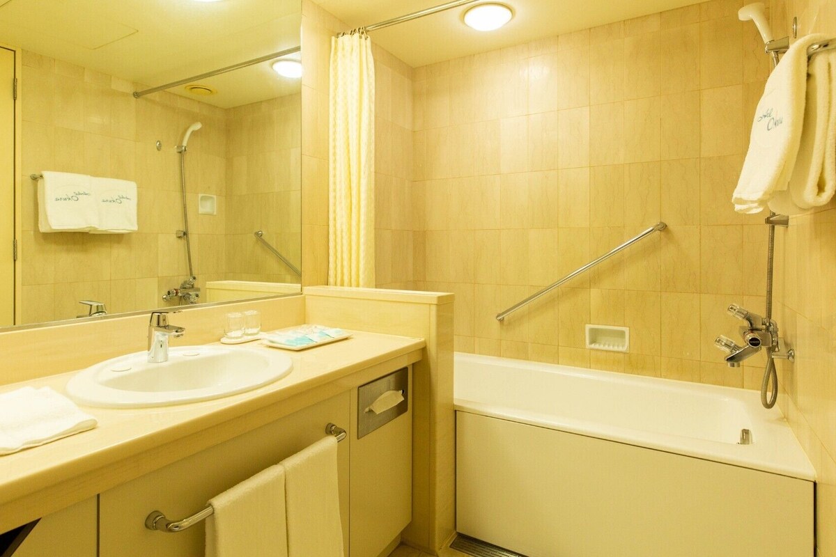 Combined shower/tub, deep soaking tub, free toiletries, hair dryer