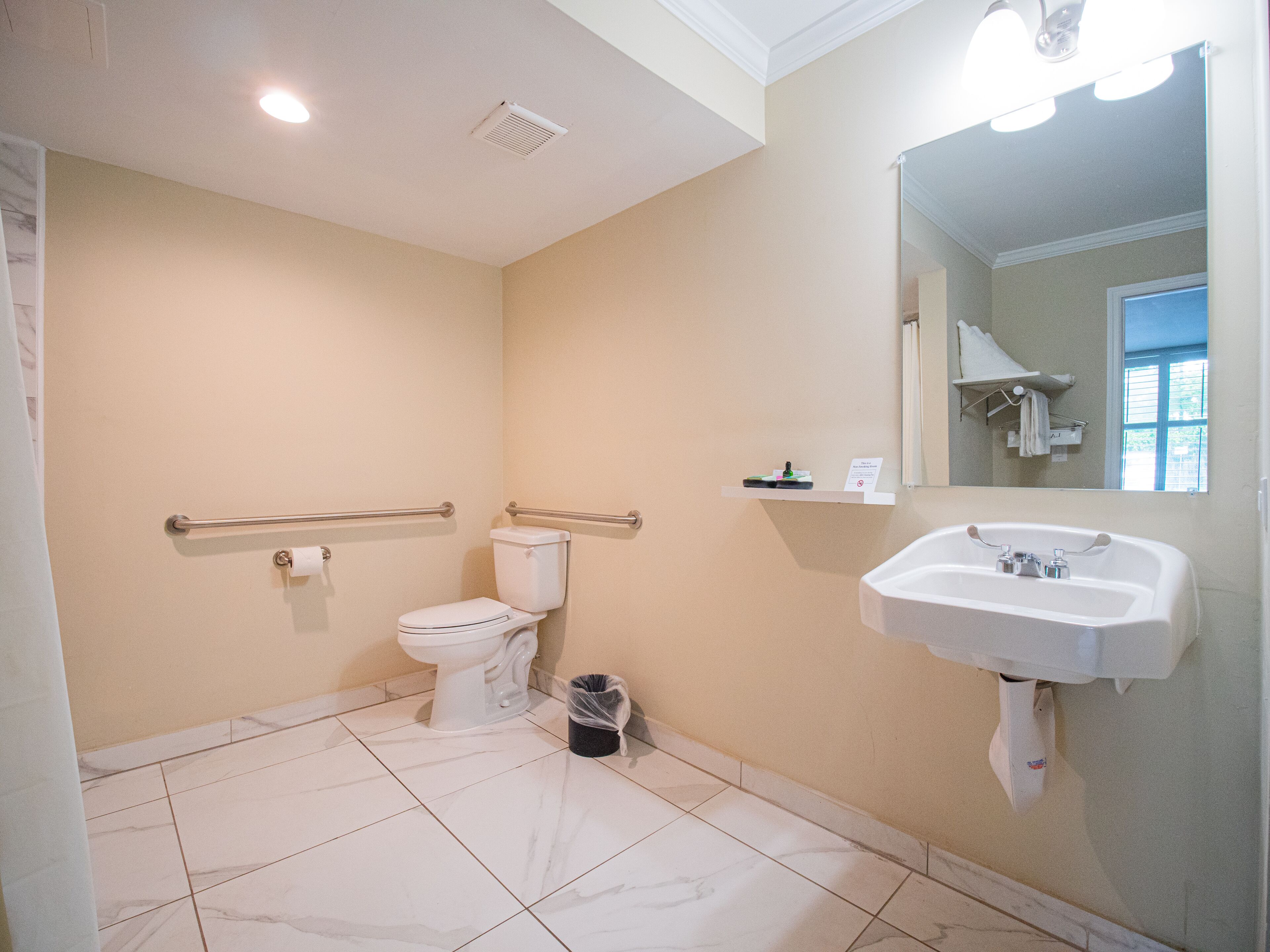 Une salle de bain équipée de toilettes, de barres d’appui, d’un lavabo et d’un miroir.