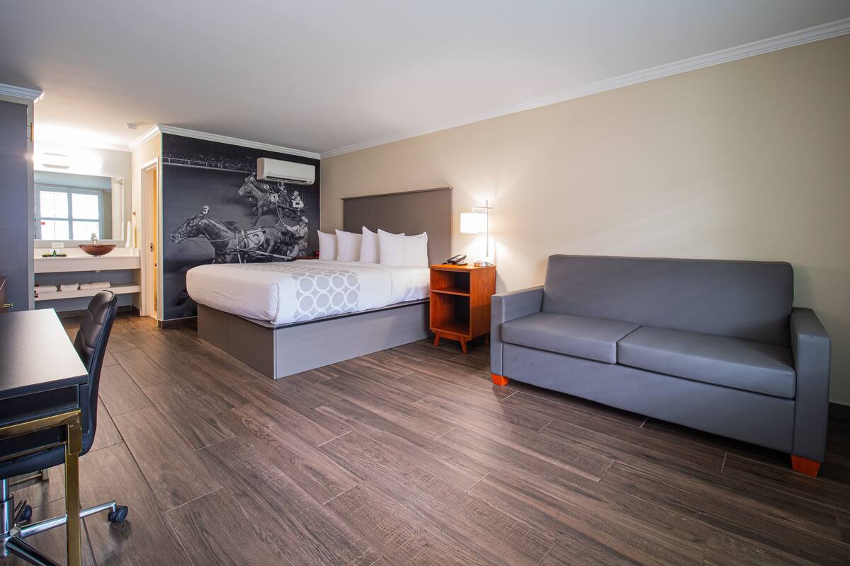 A hotel room with a bed, a grey sofa, a desk with a chair, and a bathroom visible through an open door.