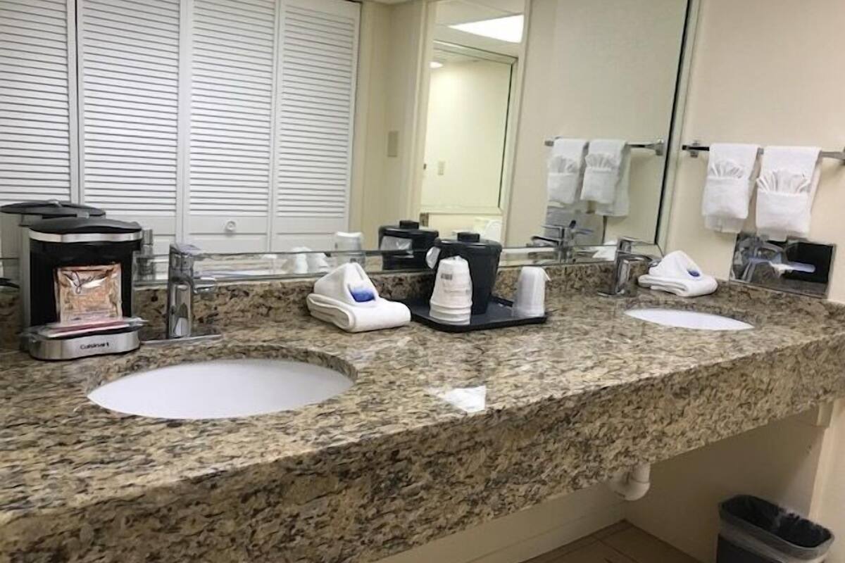 combined shower/bathtub, free toiletries, hair dryer, towels