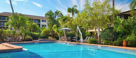 A clear blue swimming pool surrounded by palm trees and lounge chairs, with a tiled deck and a clear sky.