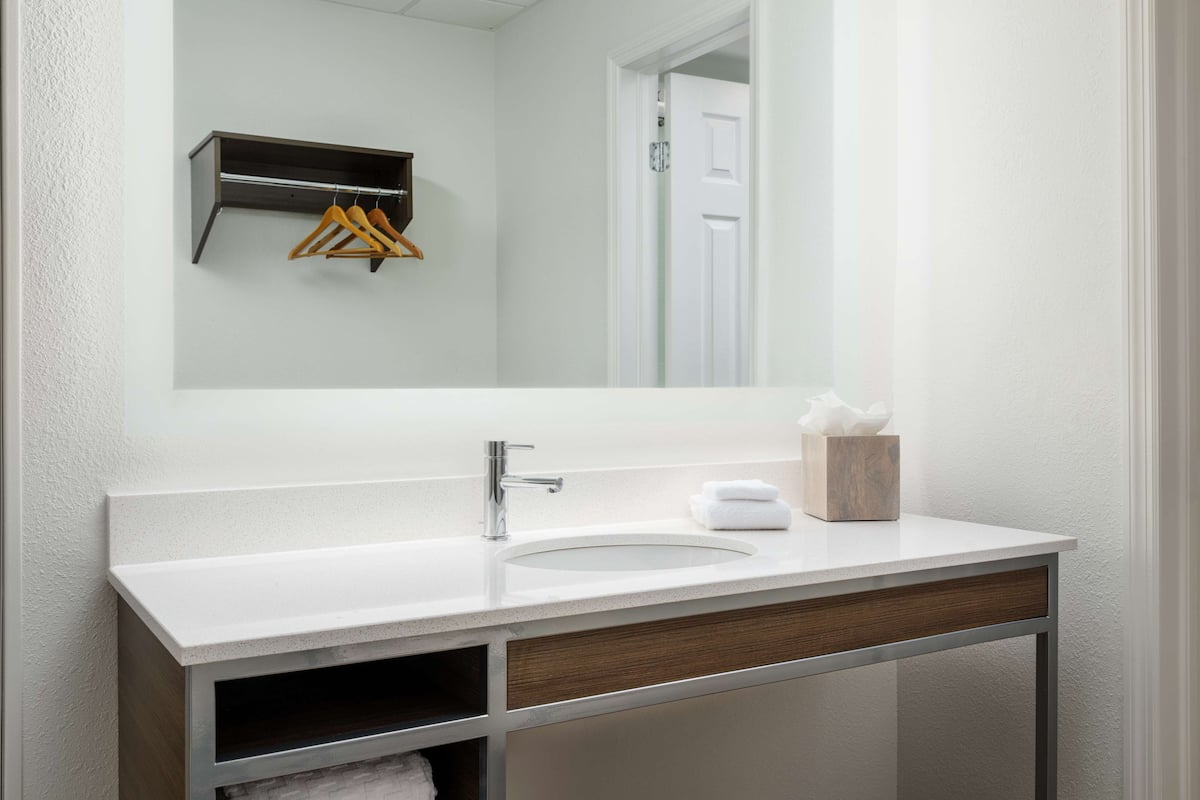 combined shower/bathtub, free toiletries, hair dryer, towels