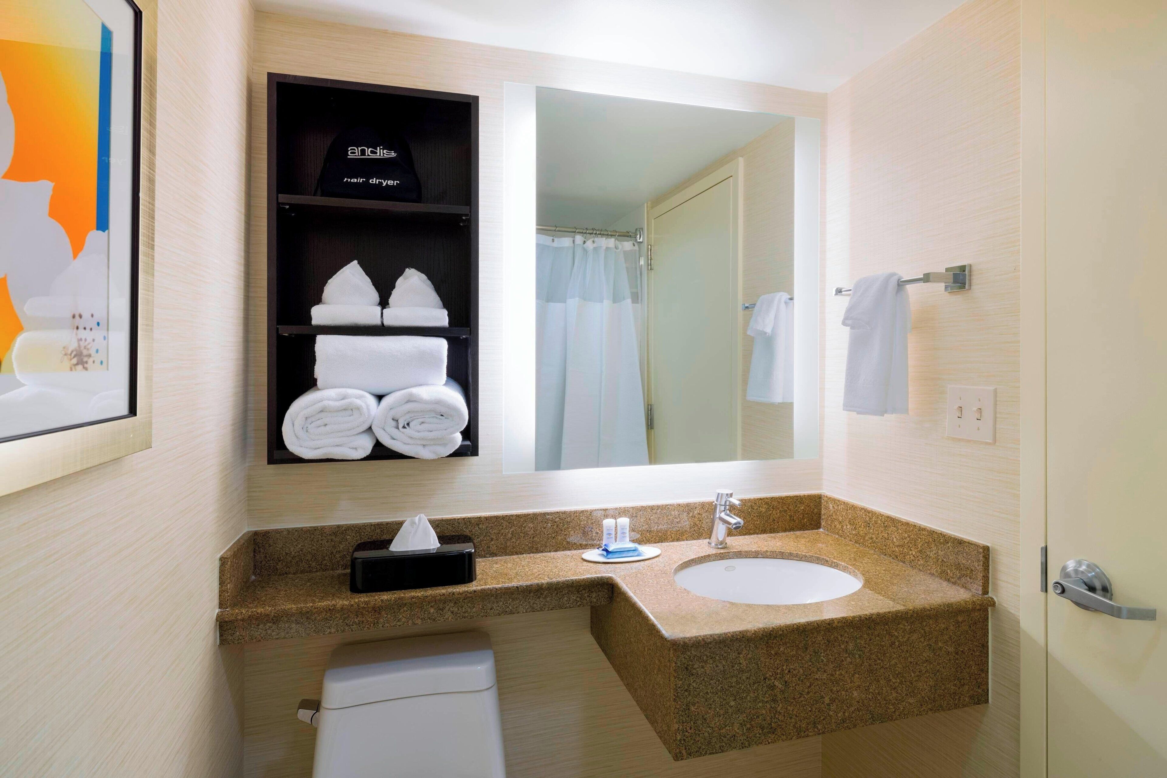 free toiletries, hair dryer, towels, soap