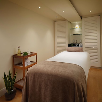 A bedroom with a bed, a bedside table with toiletries, a potted plant, and a sliding door closet.