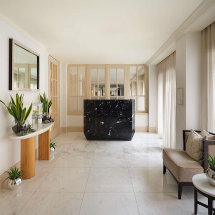 A spacious living area with a marble reception desk, a sofa, and potted plants.