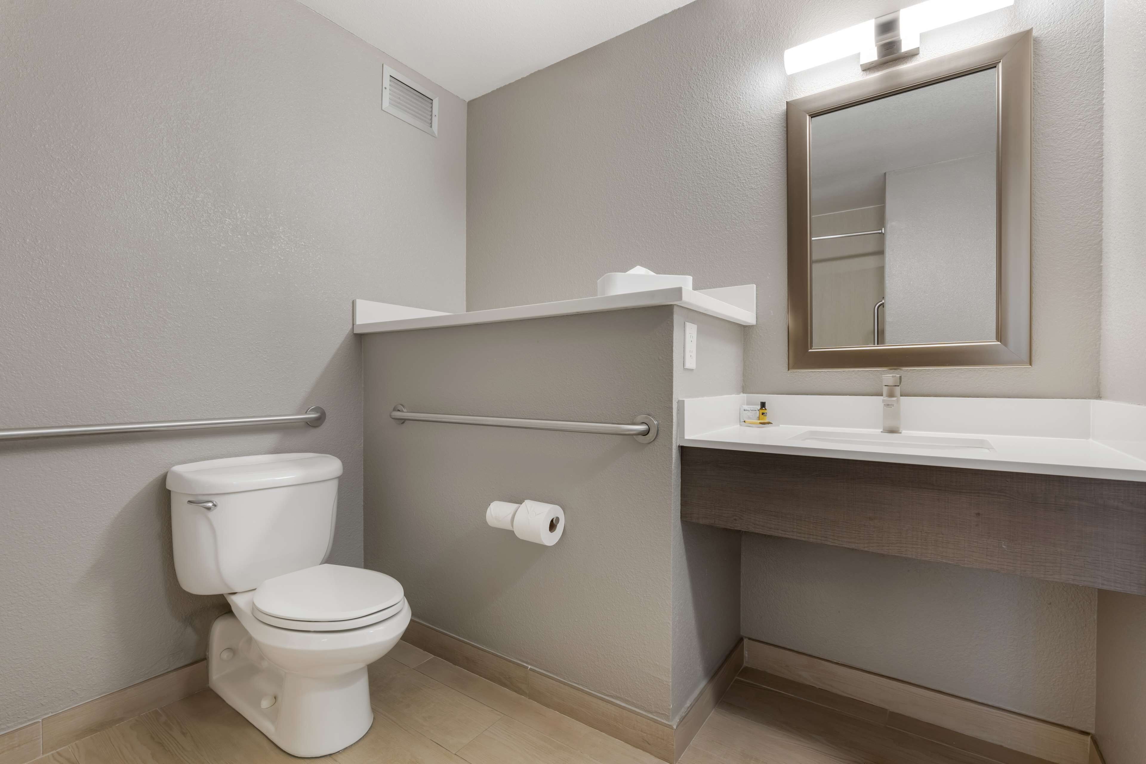 A bathroom with a toilet, a handrail, a sink, and a mirror.