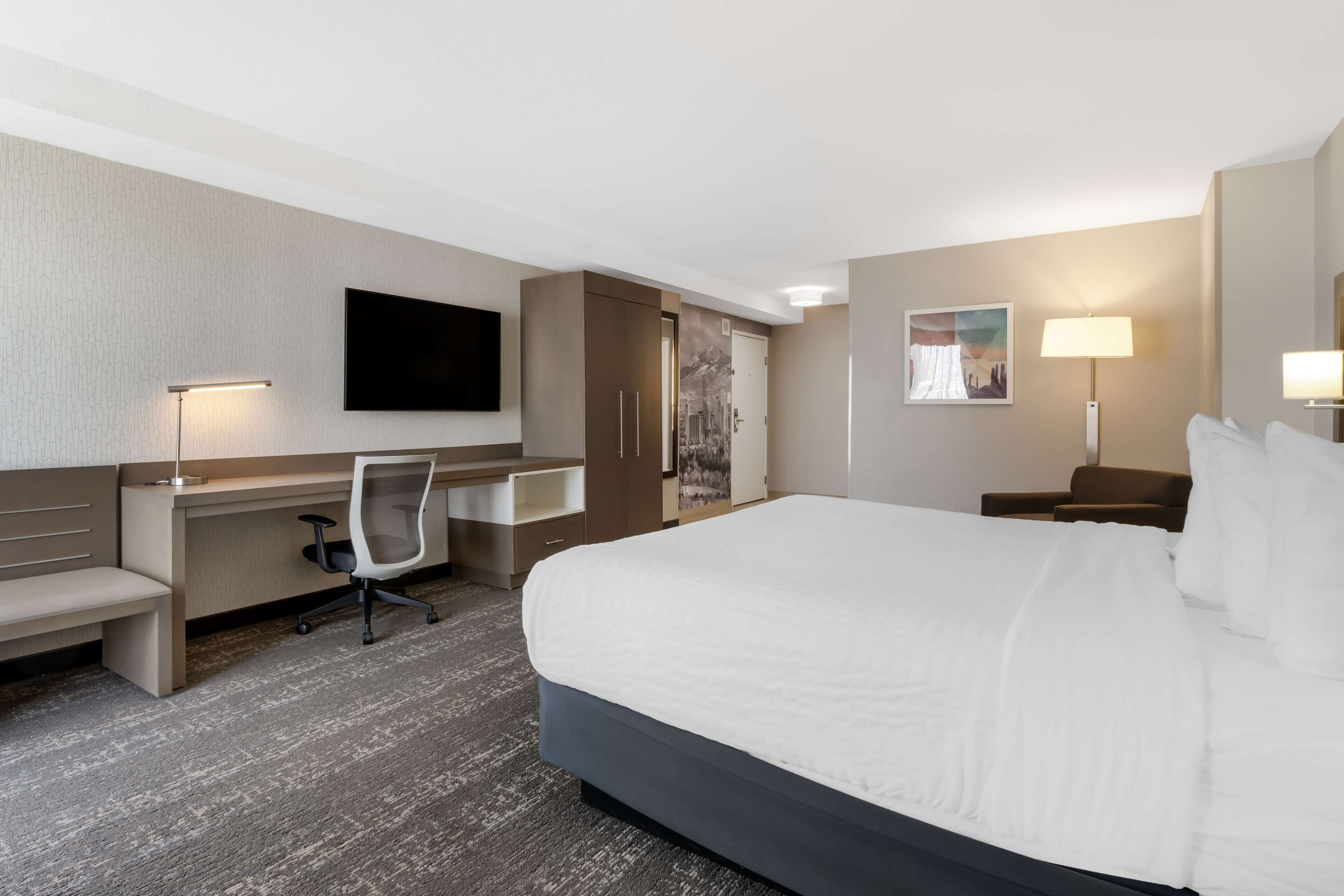 A hotel room with a large bed, a desk with a chair, a flat-screen TV, a desk lamp, and a nightstand with a lamp.