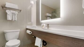 A modern bathroom with a toilet, sink, and mirror.