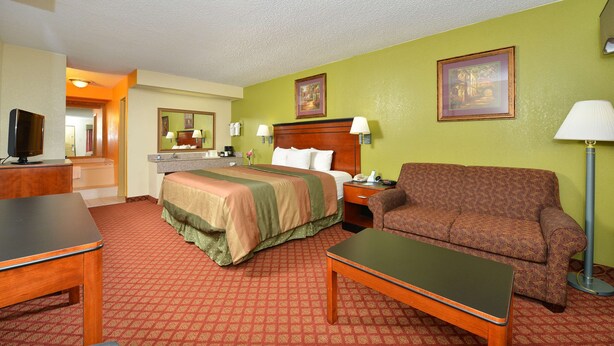A hotel room with a bed, a sofa, a desk, and a television.