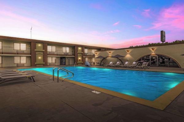 Outdoor pool, pool umbrellas, sun loungers